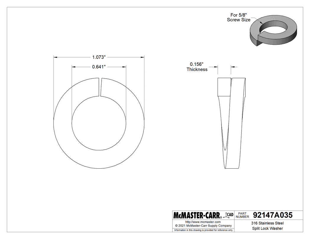Technical Drawing of 316 Stainless Steel Split Lock Washer, for 5/8" Screw Size, 0.641" ID, 1.073" OD.